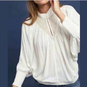 Anthropologie Feather Bone Ivory Embroidered Edda Dolman Sleeve Blouse Size: XS